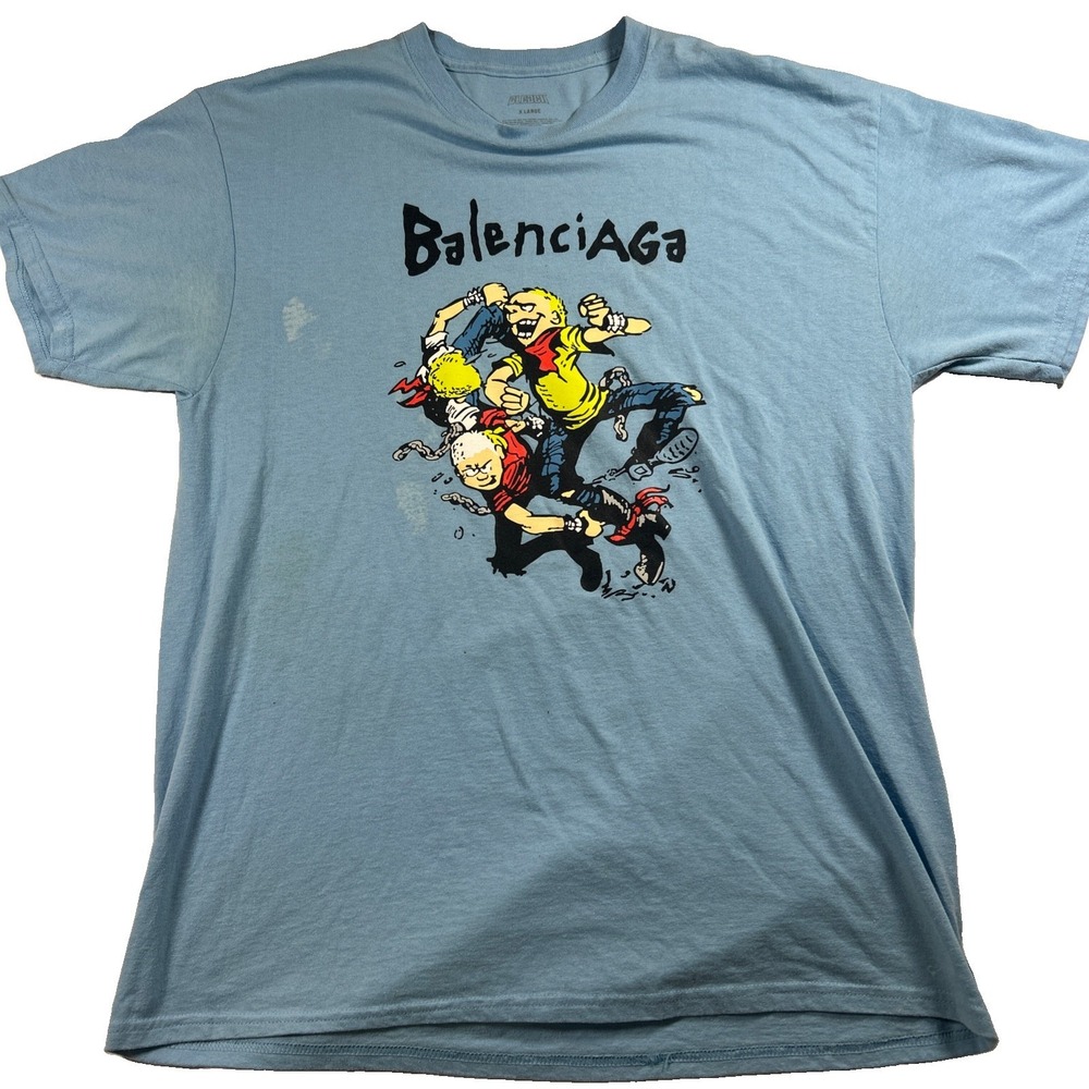 Balenciaga Blue Logo Graphic Crewneck Short Sleeve Cotton XL BLEACH Stains